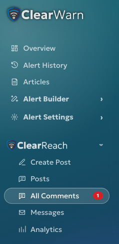 ClearReach sidebar with All Comments selected in the unified engagement workspace.