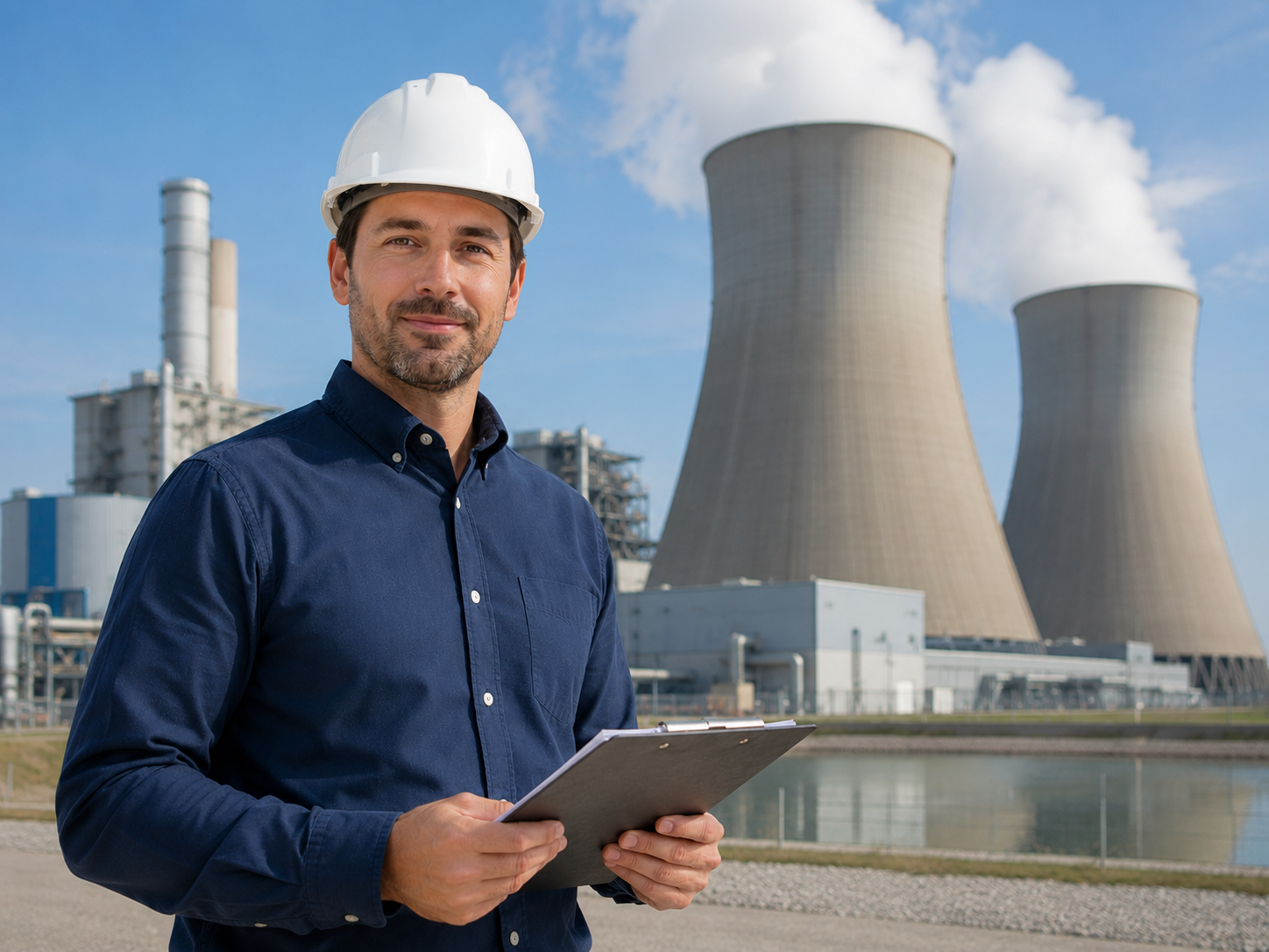 Hard hat man at cooling towers