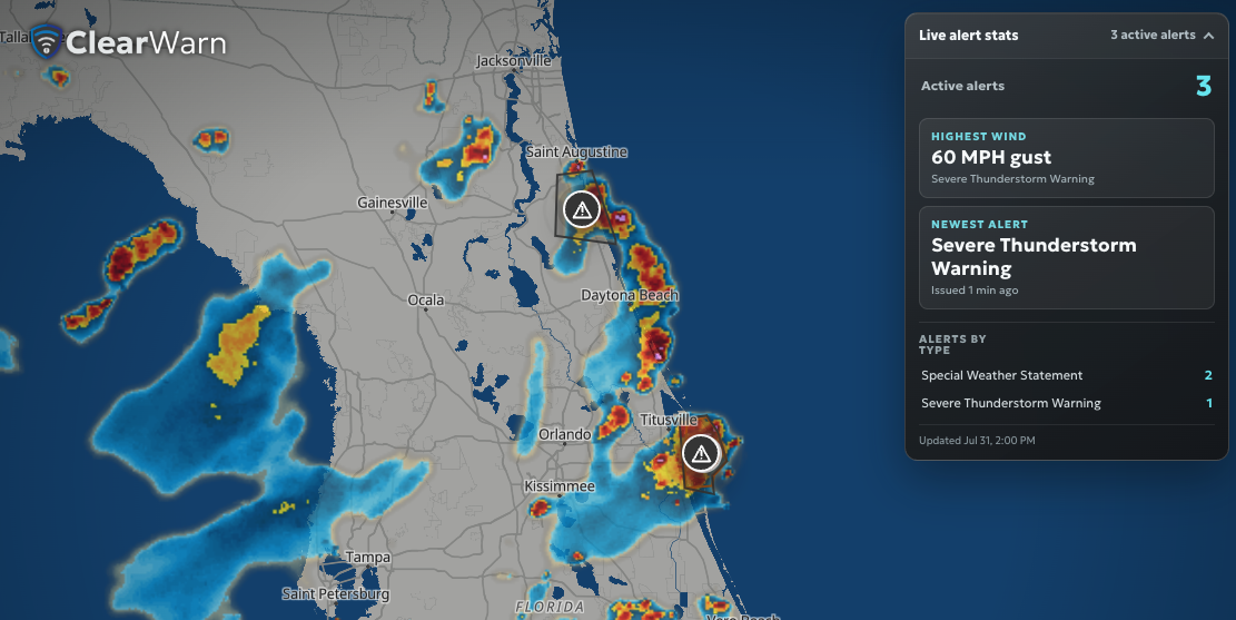 ClearWarn live alert map showing active severe weather alerts.