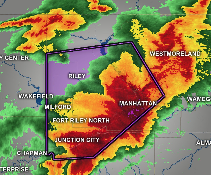 ClearWarn alert image featuring NEXRAD Level 2 radar.