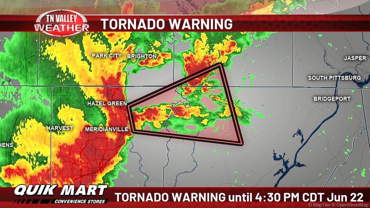 ClearWarn Tennessee Valley tornado warning layout example.