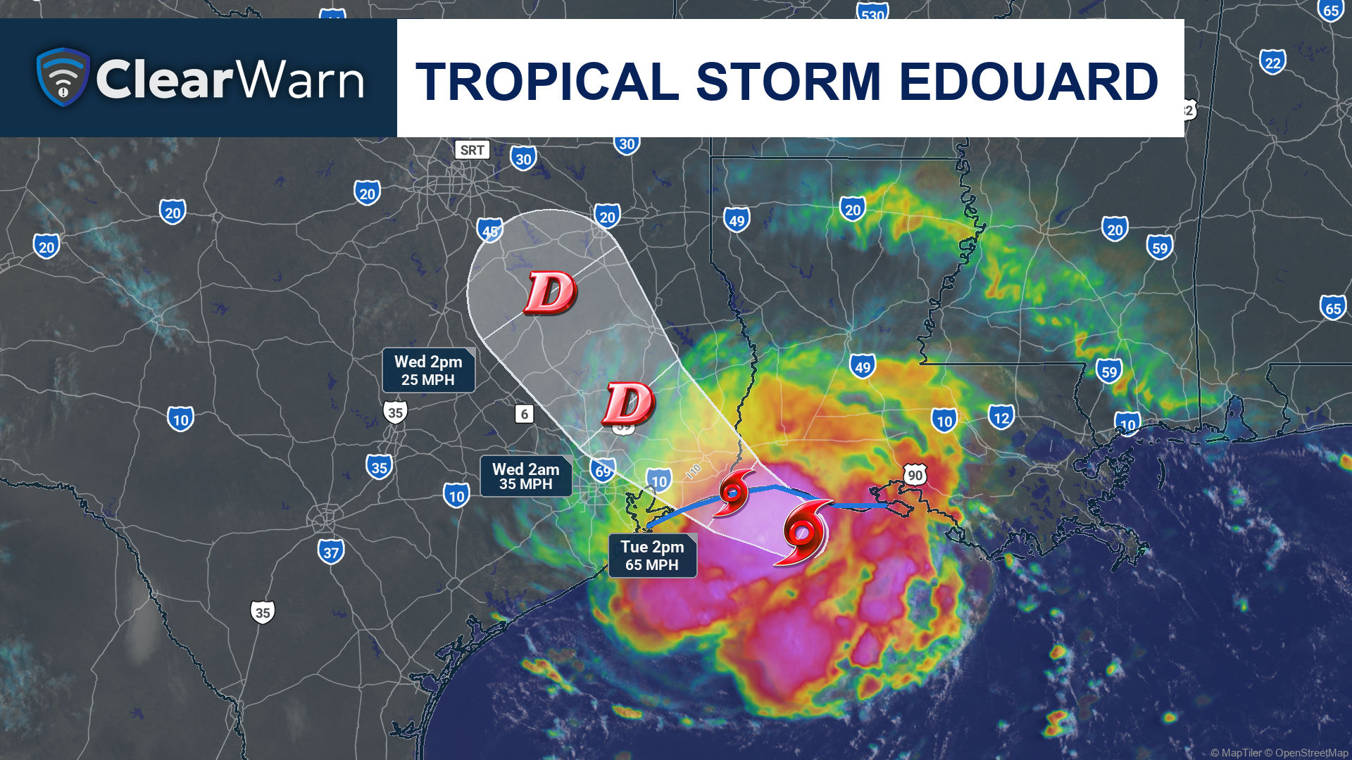 Tropical Storm Edouard advisory graphic produced by ClearWarn.